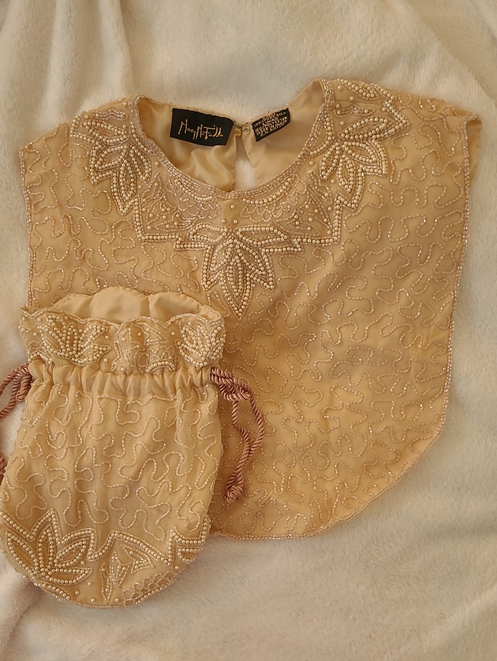 Mary McFadden Beaded Pearl-Embellished Neckline in Cream W/ Draw-string Bag